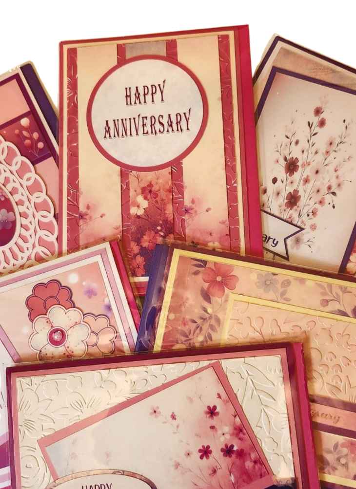 Collection of anniversary greeting cards with floral designs and 'Happy Anniversary' text.