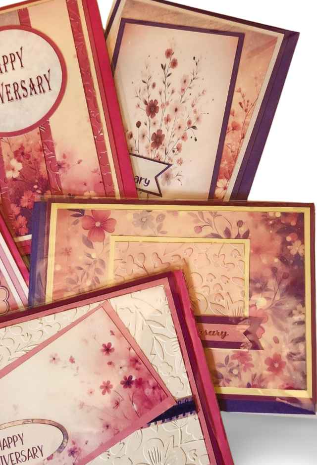 Collection of floral and decorative greeting cards with 'Happy Anniversary' text.