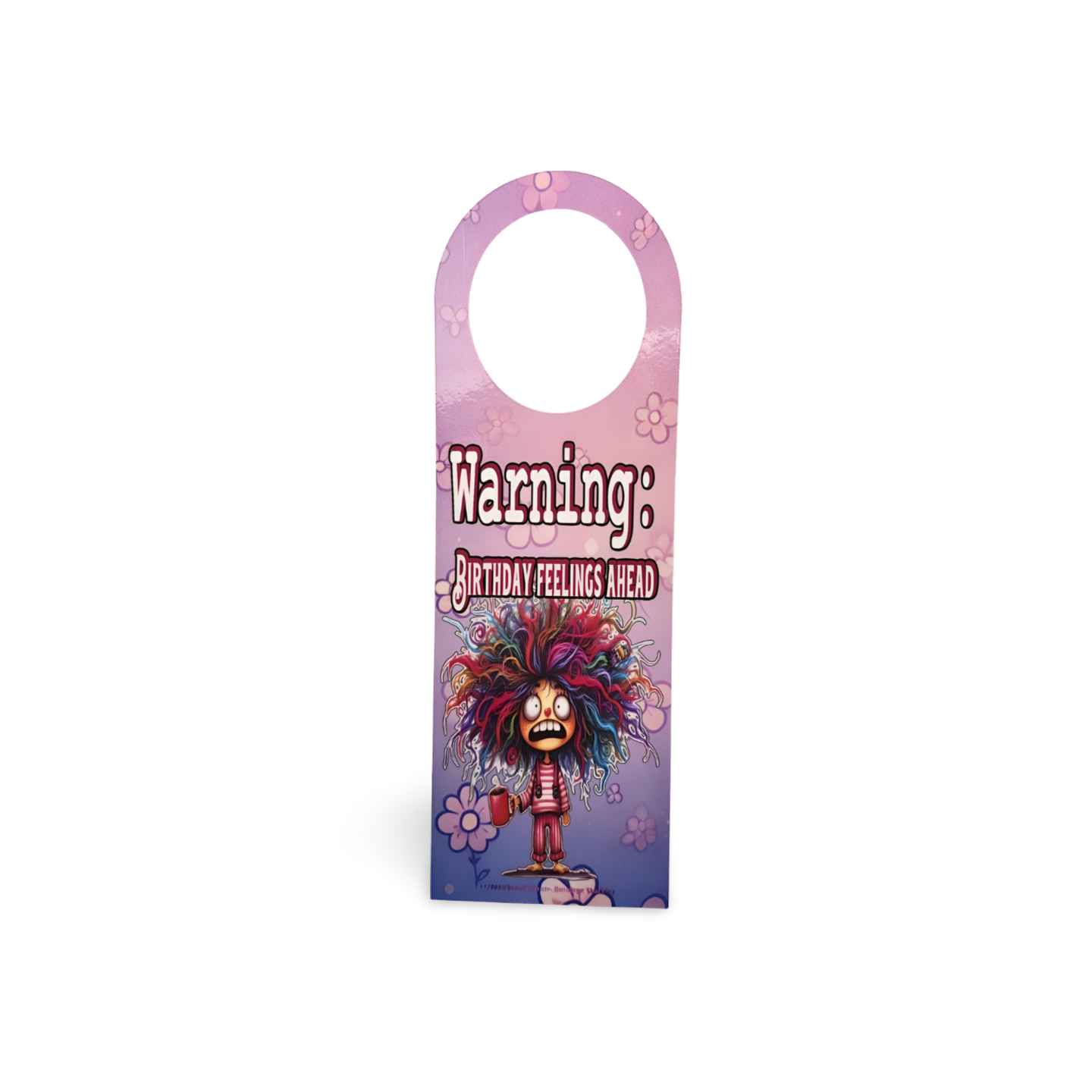 Decorative door hanger with cartoon character and text on a white background