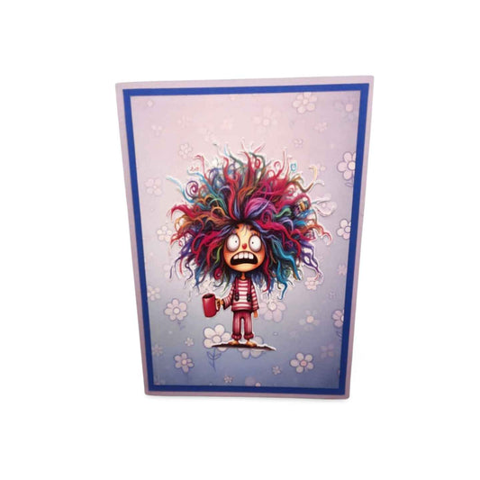 Colorful cartoon character with a striped outfit on a decorative card with floral patterns.