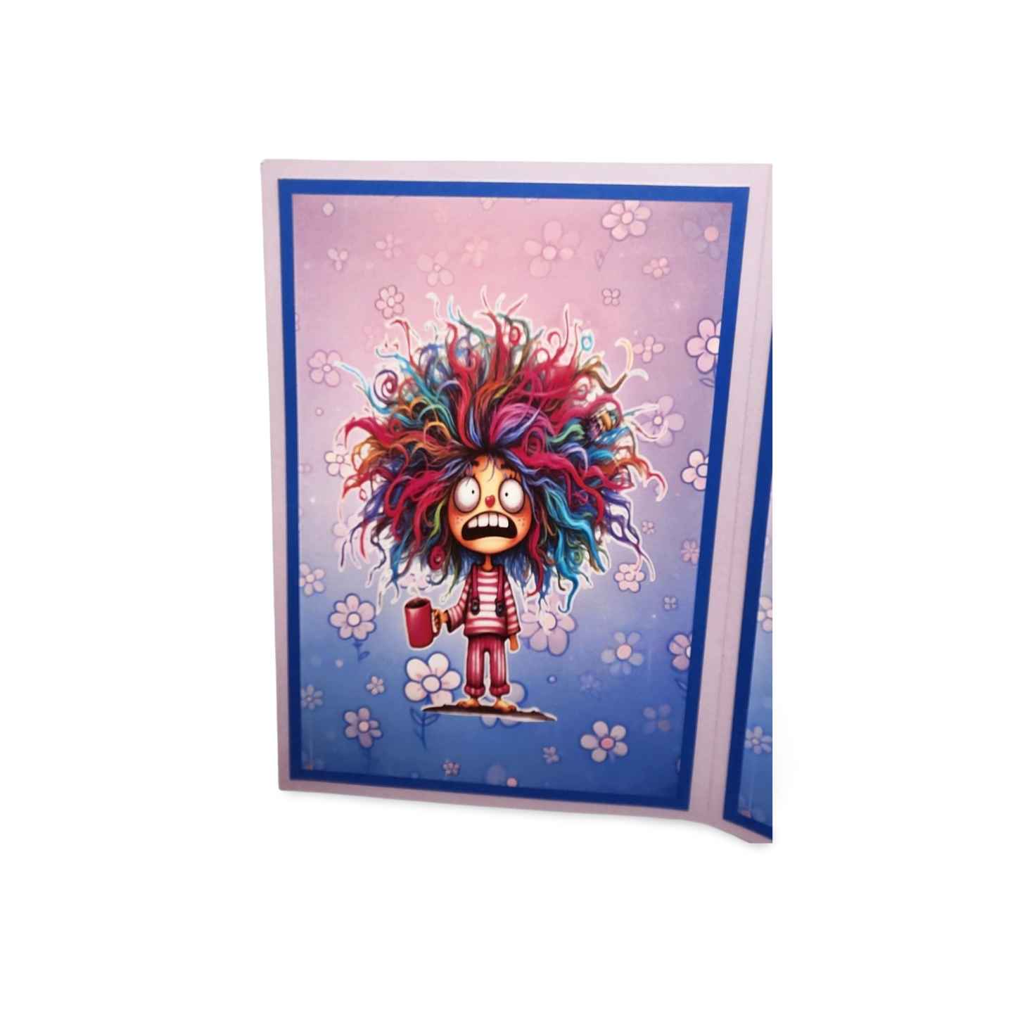 Colorful cartoon character with a vibrant hairstyle on a card with floral designs.