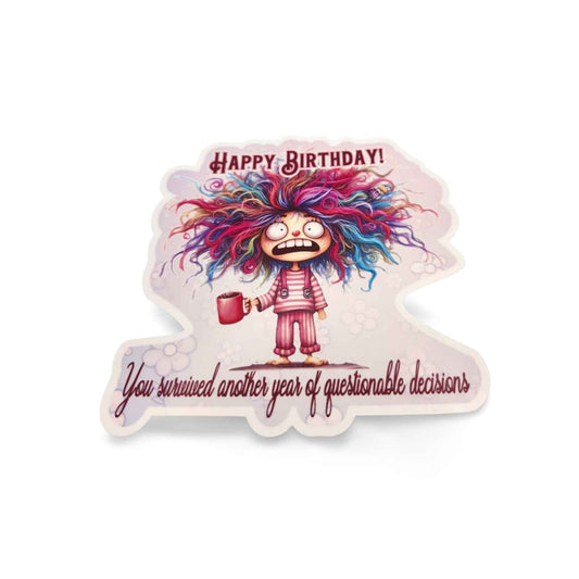 Cartoon character with colorful hair holding a cup, surrounded by text on a white background
