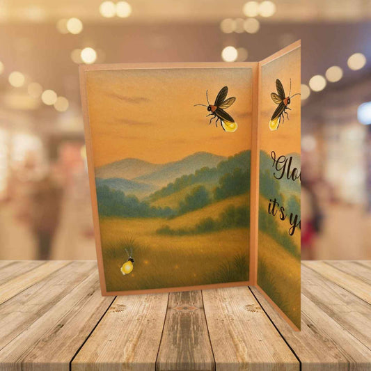Open greeting card with nature scene and glowing insects on a wooden surface.