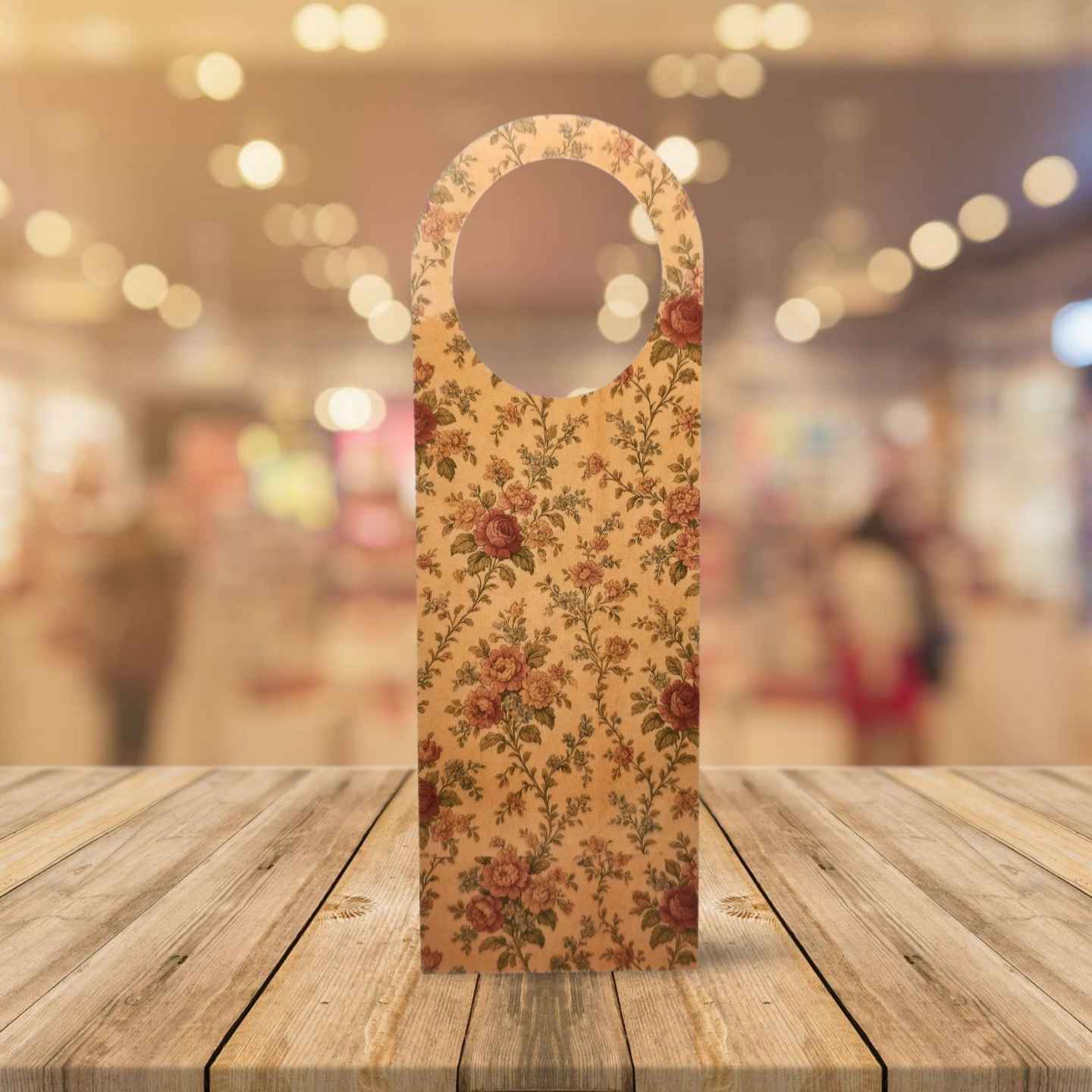 Floral-patterned bottle holder on a wooden surface with a blurred background