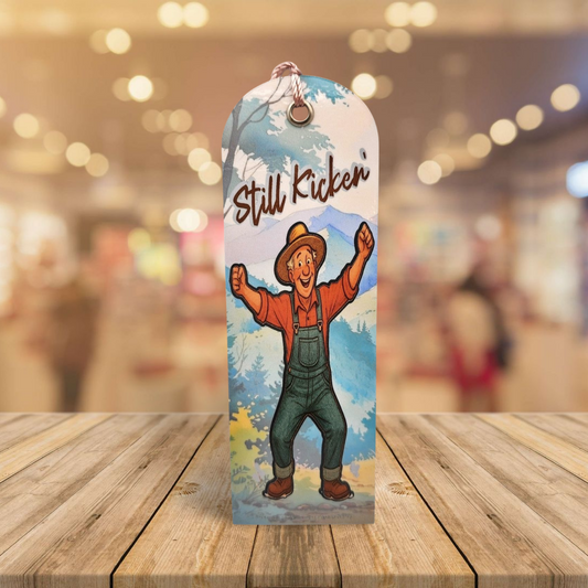 Product tag with a cartoon character on a wooden surface with a blurred background
