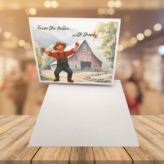 Card with a cartoon character on a stand against a blurred indoor background