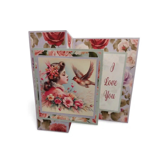 Greeting card with floral design and 'I Love You' text on a white background