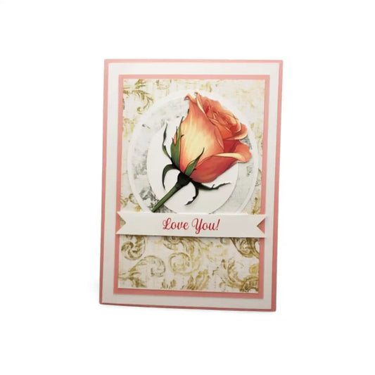 Greeting card with a rose and 'Love You!' text on a decorative background