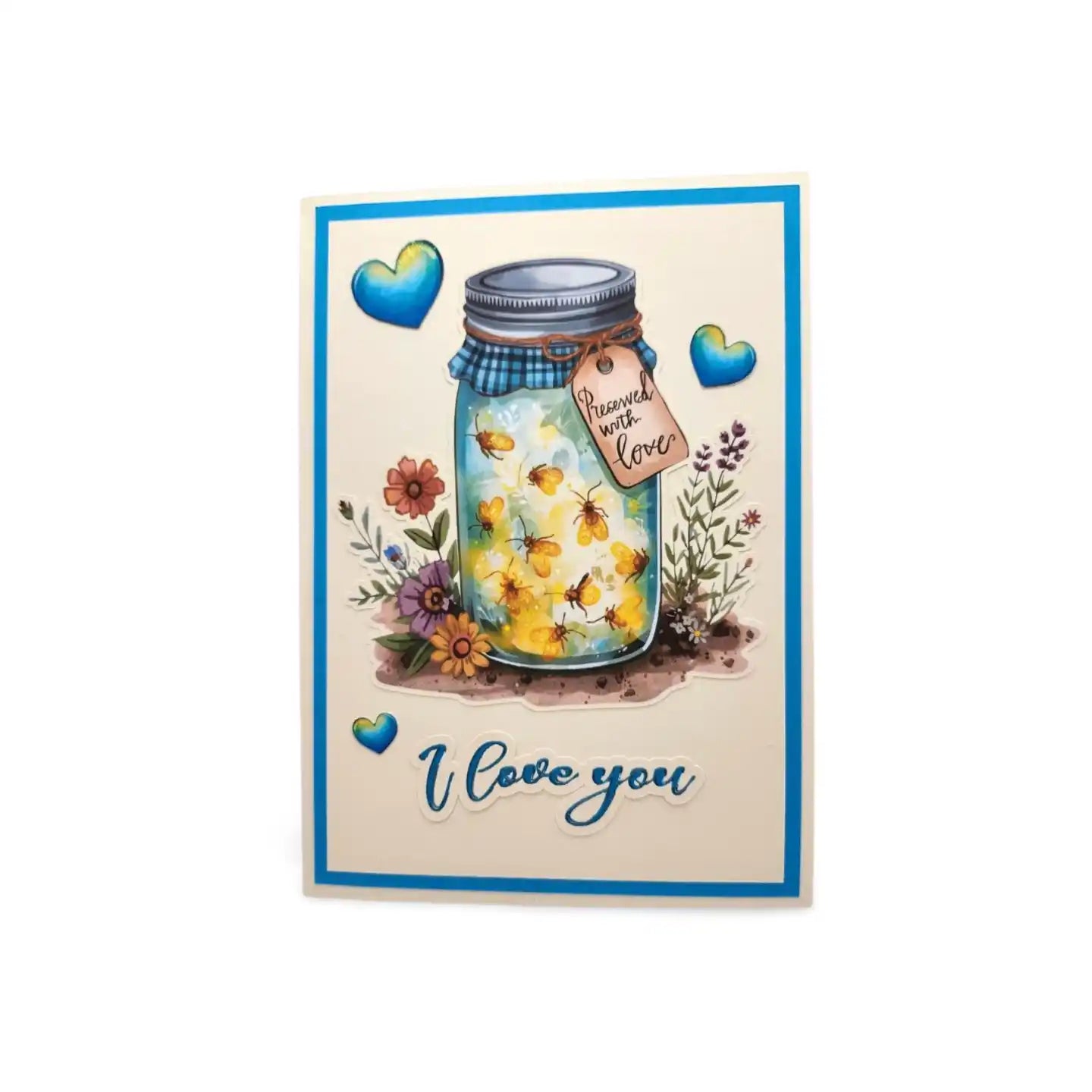 Card with a jar of butterflies, flowers, and 'I love you' text on a beige background.