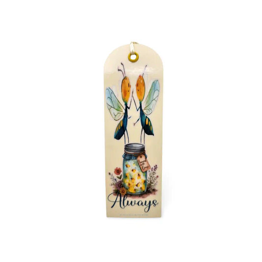 Decorative bookmark with two beetles holding a jar labeled 'Always' on a white background