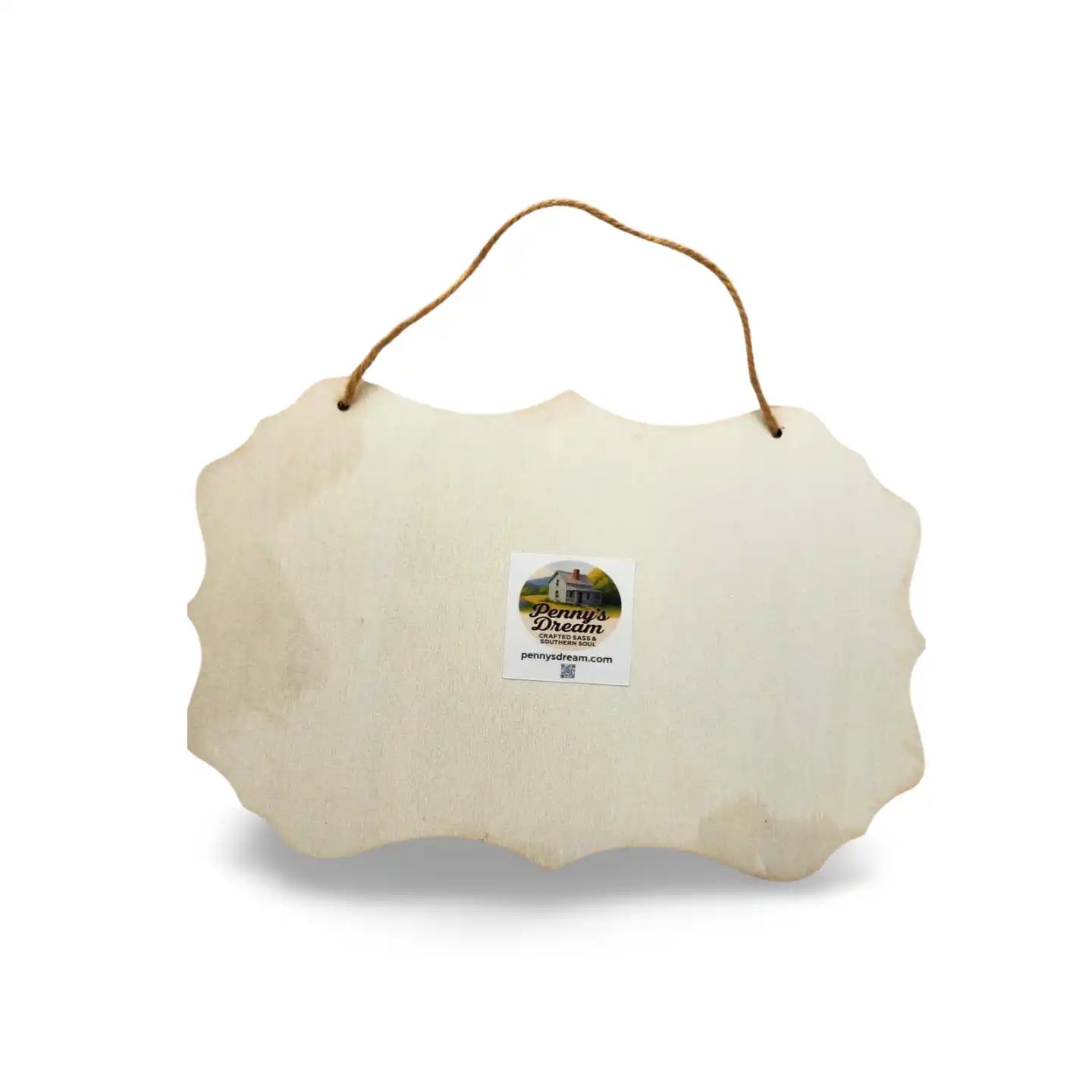 Decorative white scalloped sign with a hanging string on a white background