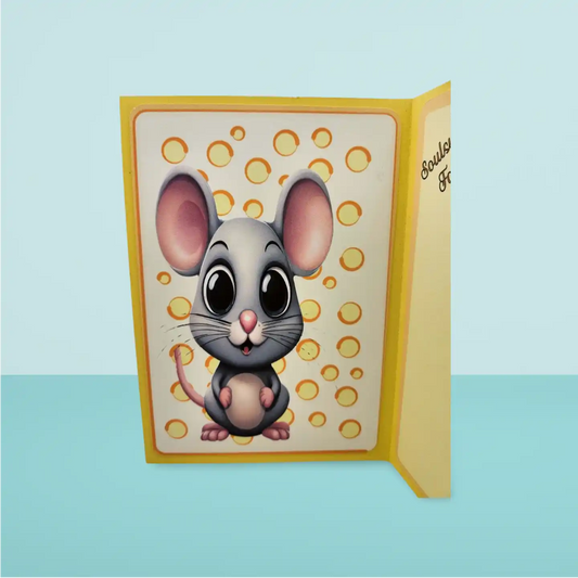 Card with a cartoon mouse on a blue background
