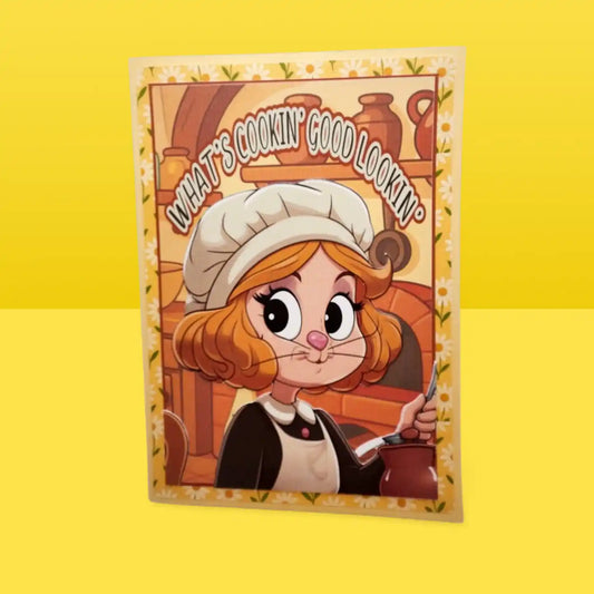 Cartoon character with a chef's hat and apron on a yellow background