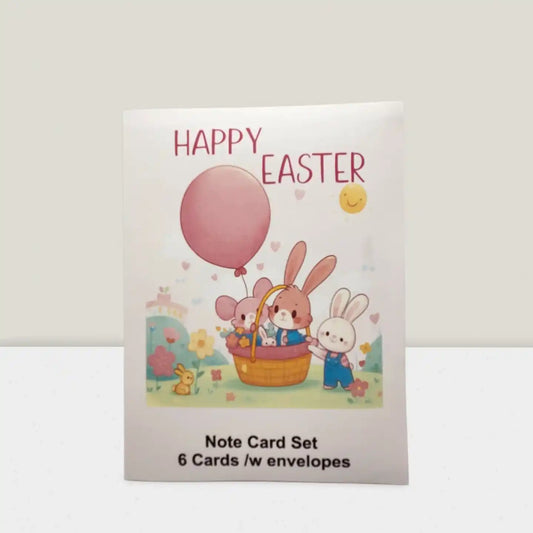 Happy Easter note card set with cartoon bunnies and a balloon on a white background