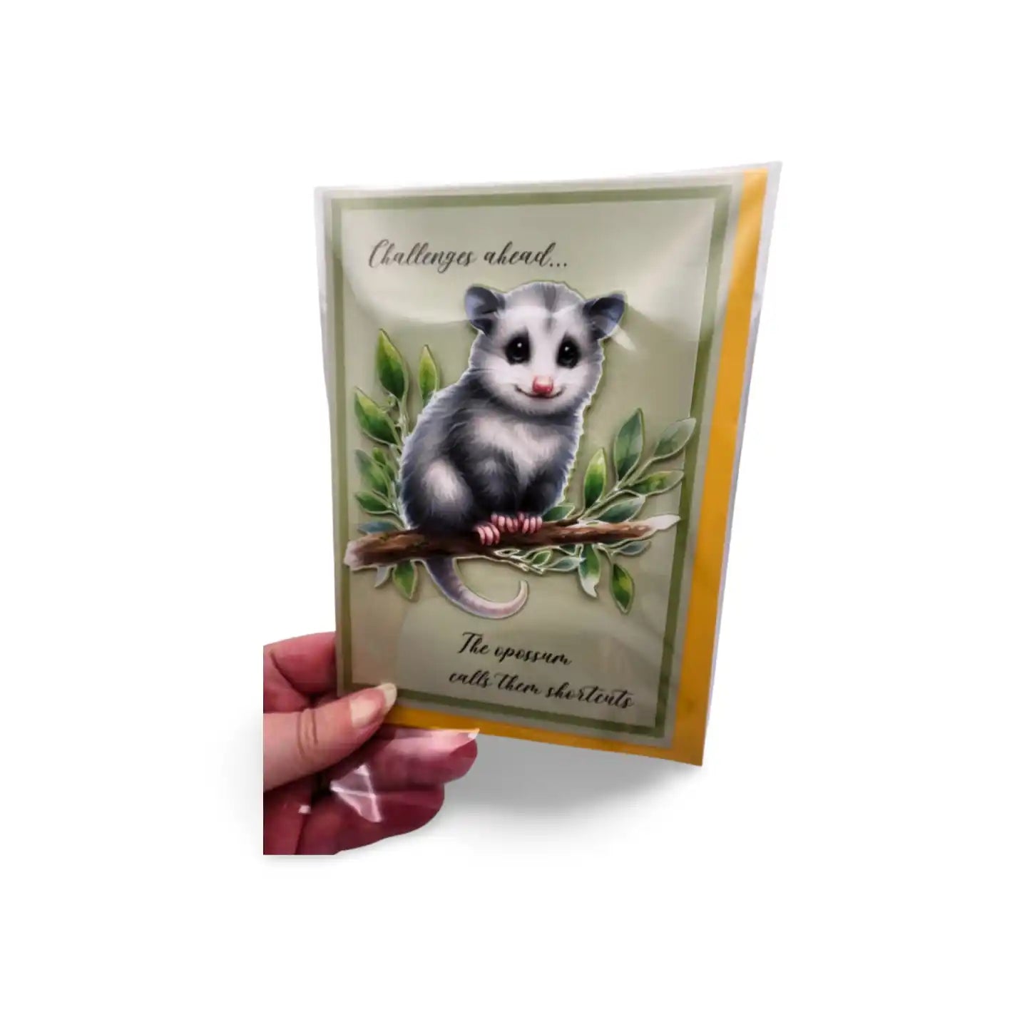 Card with an opossum illustration and text held by a hand on a white background