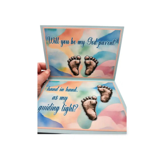 Card with baby feet illustration and text asking if you will be a godparent