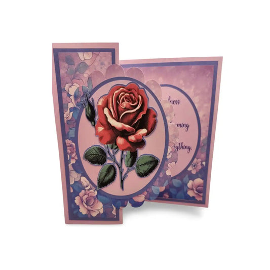 Greeting card with a red rose design on a white background