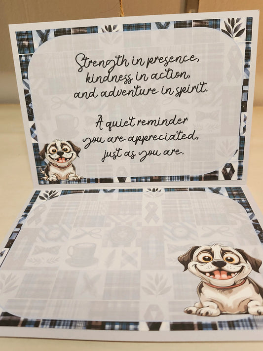 Card with dog illustrations and motivational text on a checkered background