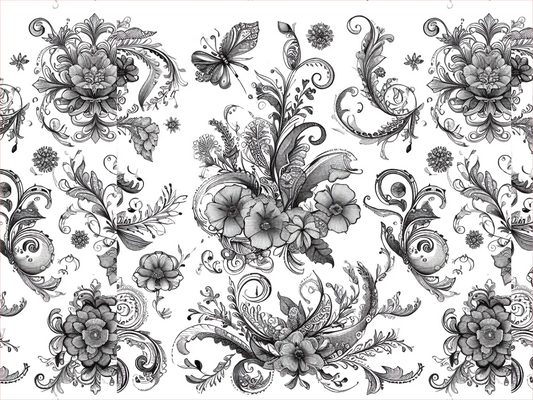 Black floral and leaf patterns on a white background