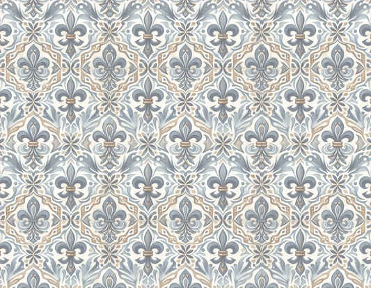 Patterned fabric with floral and geometric design in blue and beige.