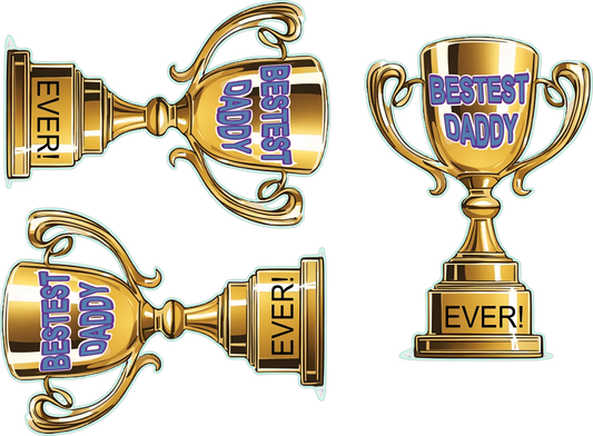 Gold trophies with 'Best Dad Ever' text on a white background