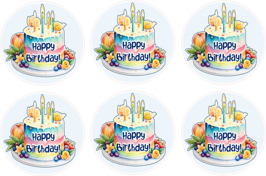 Set of six round stickers with birthday cake designs and 'Happy Birthday!' text.