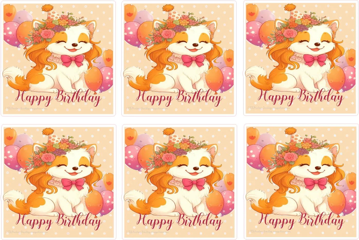 Set of six birthday cards with a cartoon fox character and floral decorations.
