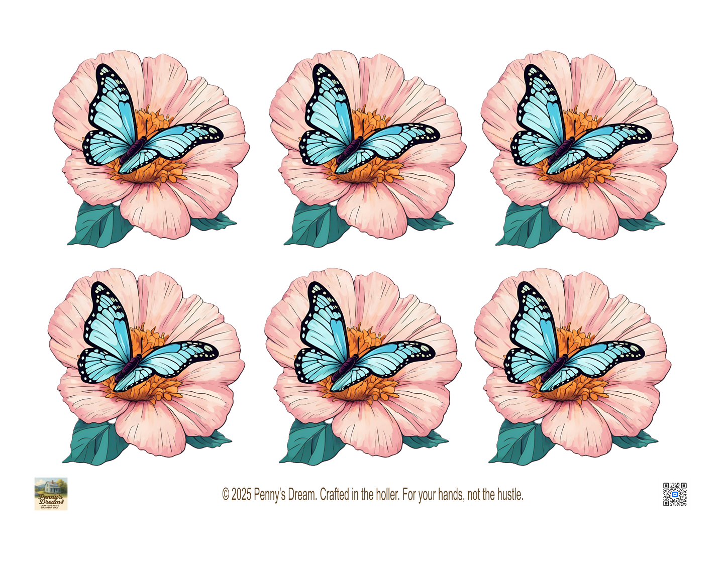 Six pink flowers with blue butterflies on a white background