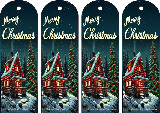 Four identical Christmas Bookmarks with a snowy cabin and trees design.
