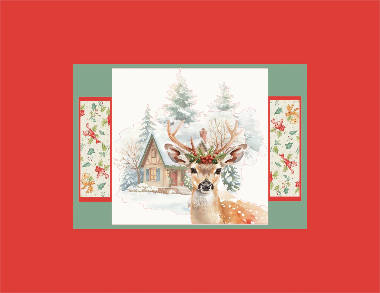 Christmas card with a deer and cabin design on a red background