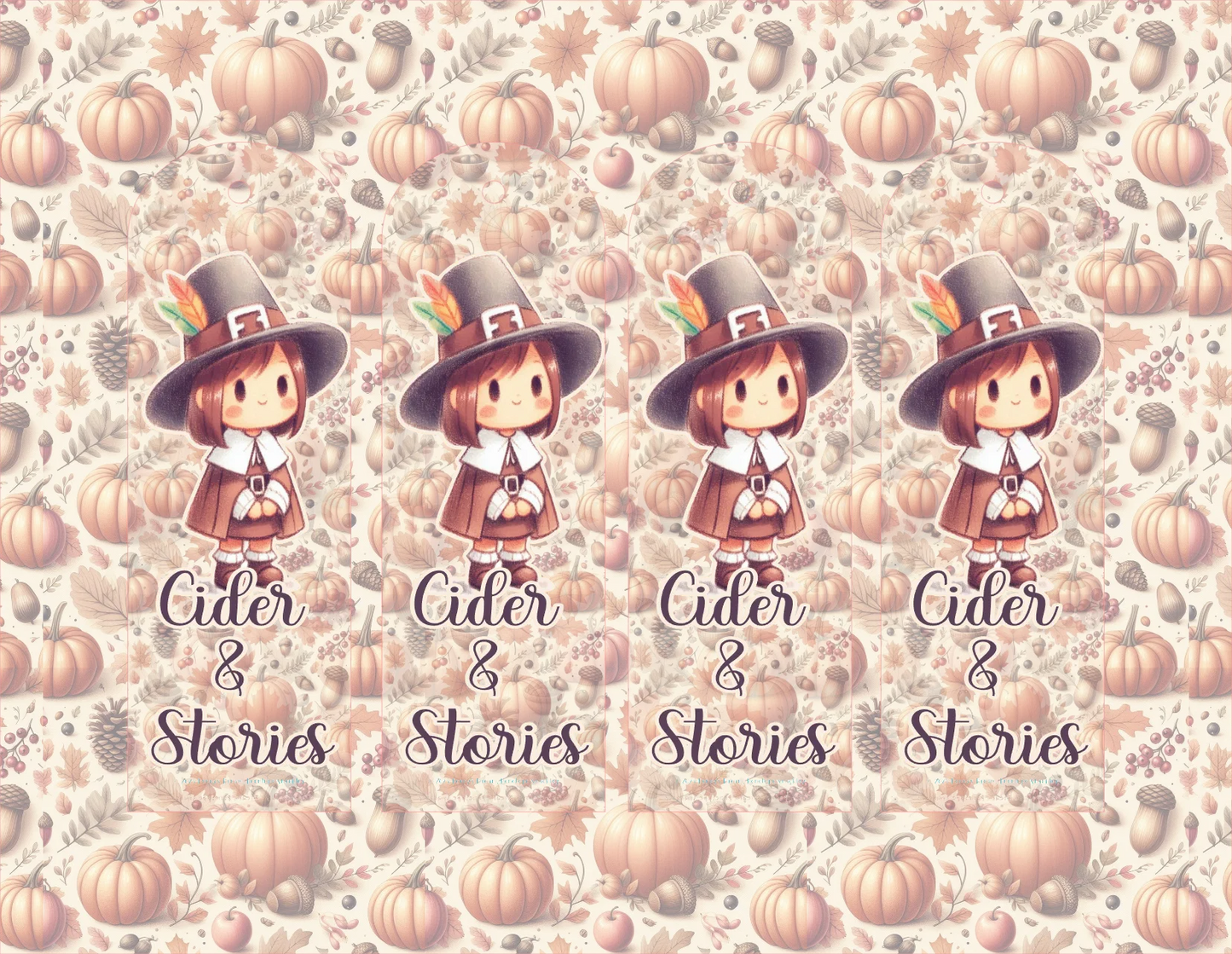 Pattern with pumpkins, acorns, and a character wearing a pilgrim hat on a 'Cider & Stories' background.