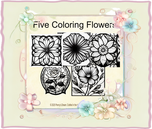 Five floral coloring designs on a decorative background with flowers.