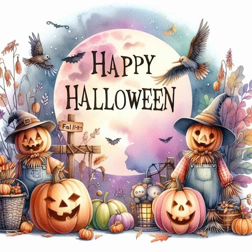Happy Halloween illustration with pumpkins, scarecrows, and a full moon.