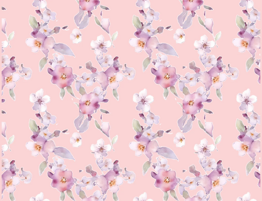 Floral pattern with purple and white flowers on a pink background