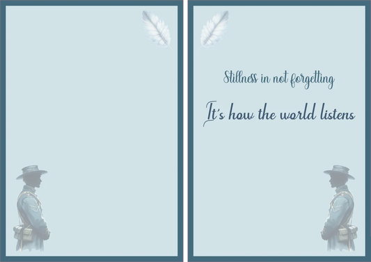 Silhouette of a person with a hat on a light blue background with text.