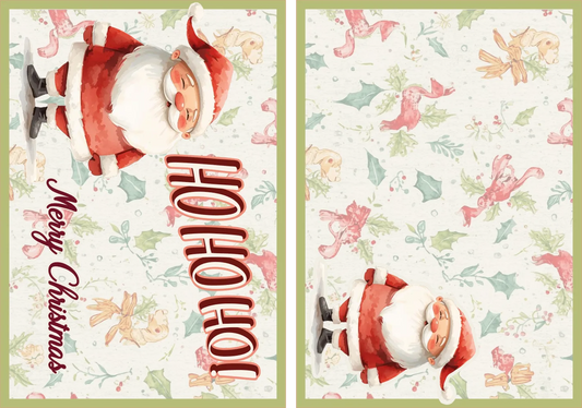 Two Christmas-themed cards with Santa Claus and floral designs on a green border.