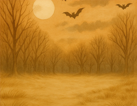Halloween-themed scene with bats flying over a misty forest at night.