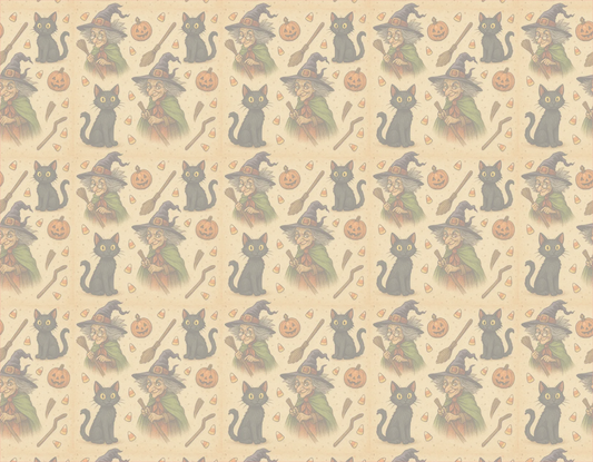 Pattern of cats in witch costumes and brooms on a beige background