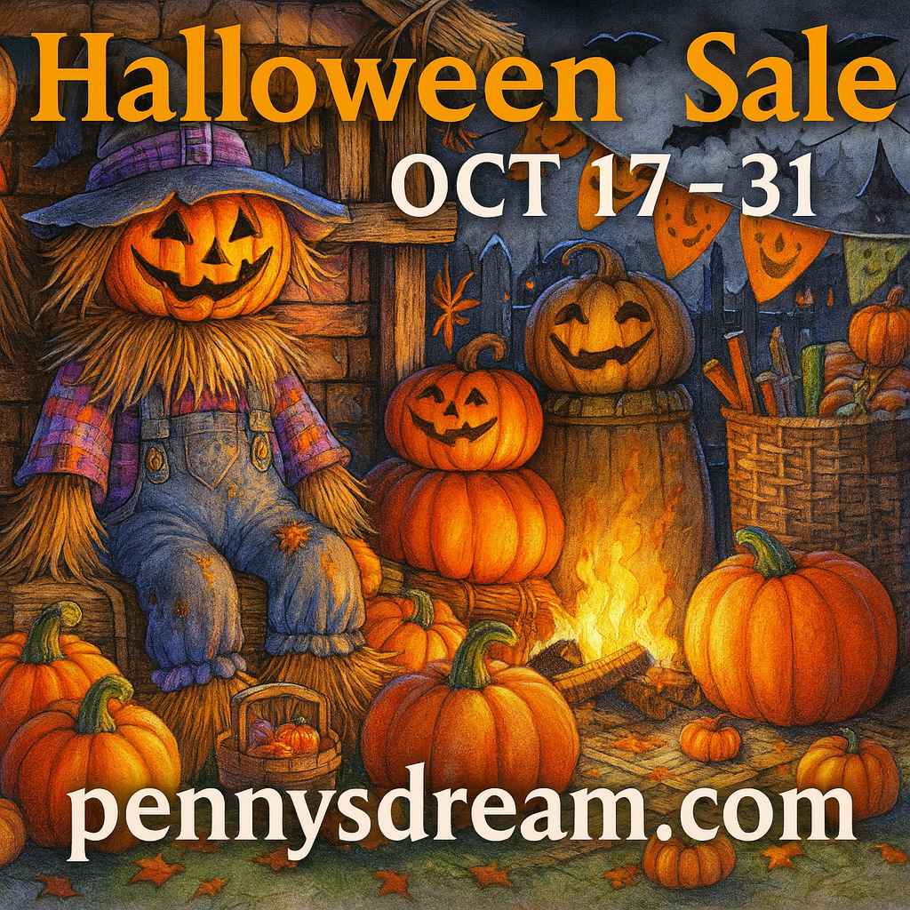 Halloween-themed sale advertisement with pumpkins, a scarecrow, and a fireplace, featuring the brand 'pennysdream.com'.