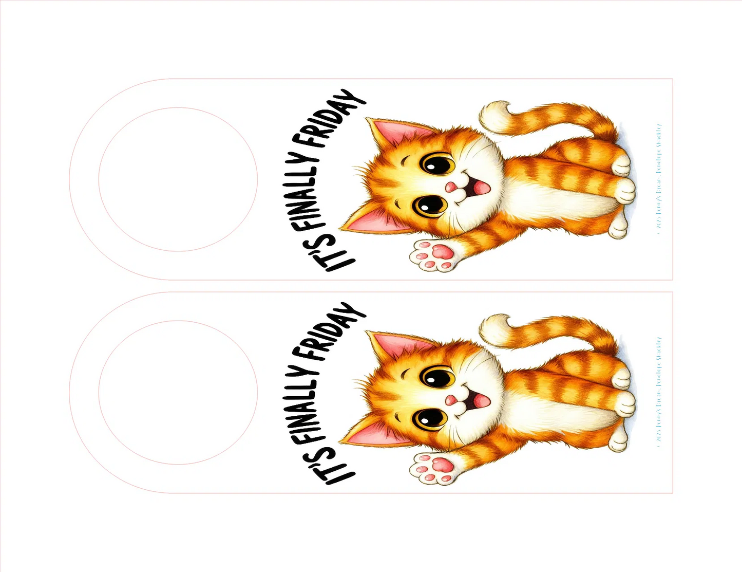 Two cartoon cats with 'It's Finally Friday' text on a white background