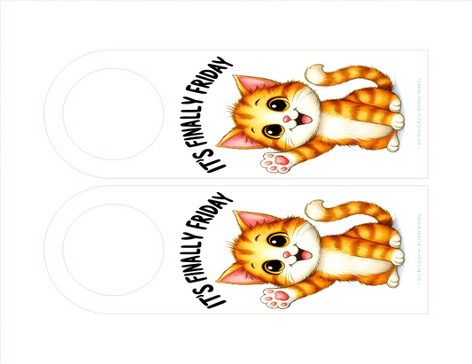 Two cartoon cats with 'It's Finally Friday' text on a white background