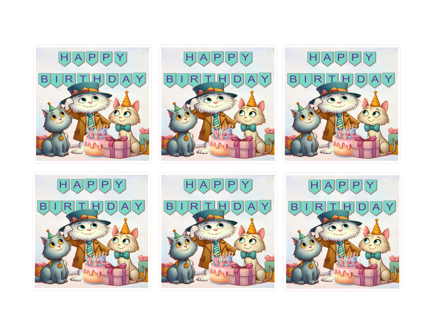 Set of six birthday cards with cartoon cats and a cake on a white background