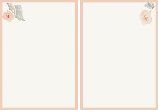 A minimalist stationery design with two vertical cream writing panels framed by a soft blush border, each decorated with a small pale pink flower and muted green leaf in the top-left corner.