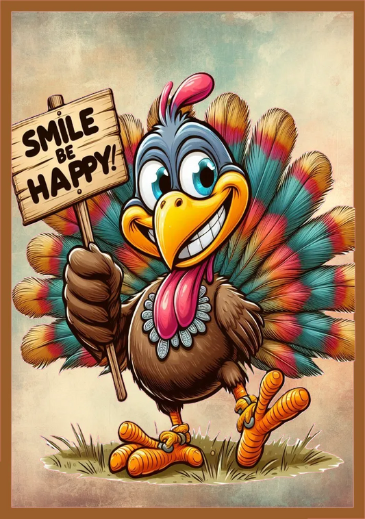 A colorful cartoon turkey holding a wooden sign that reads “SMILE BE HAPPY!” The turkey has blue-gray head feathers, a bright yellow beak and feet, and multicolored tail feathers in teal, pink, orange, and brown. It stands on a small patch of grass against a textured beige background with a brown border.