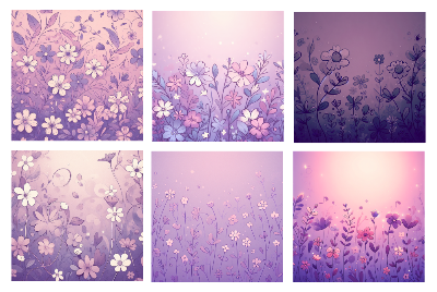 Set of six floral patterns in purple and pink on a white background