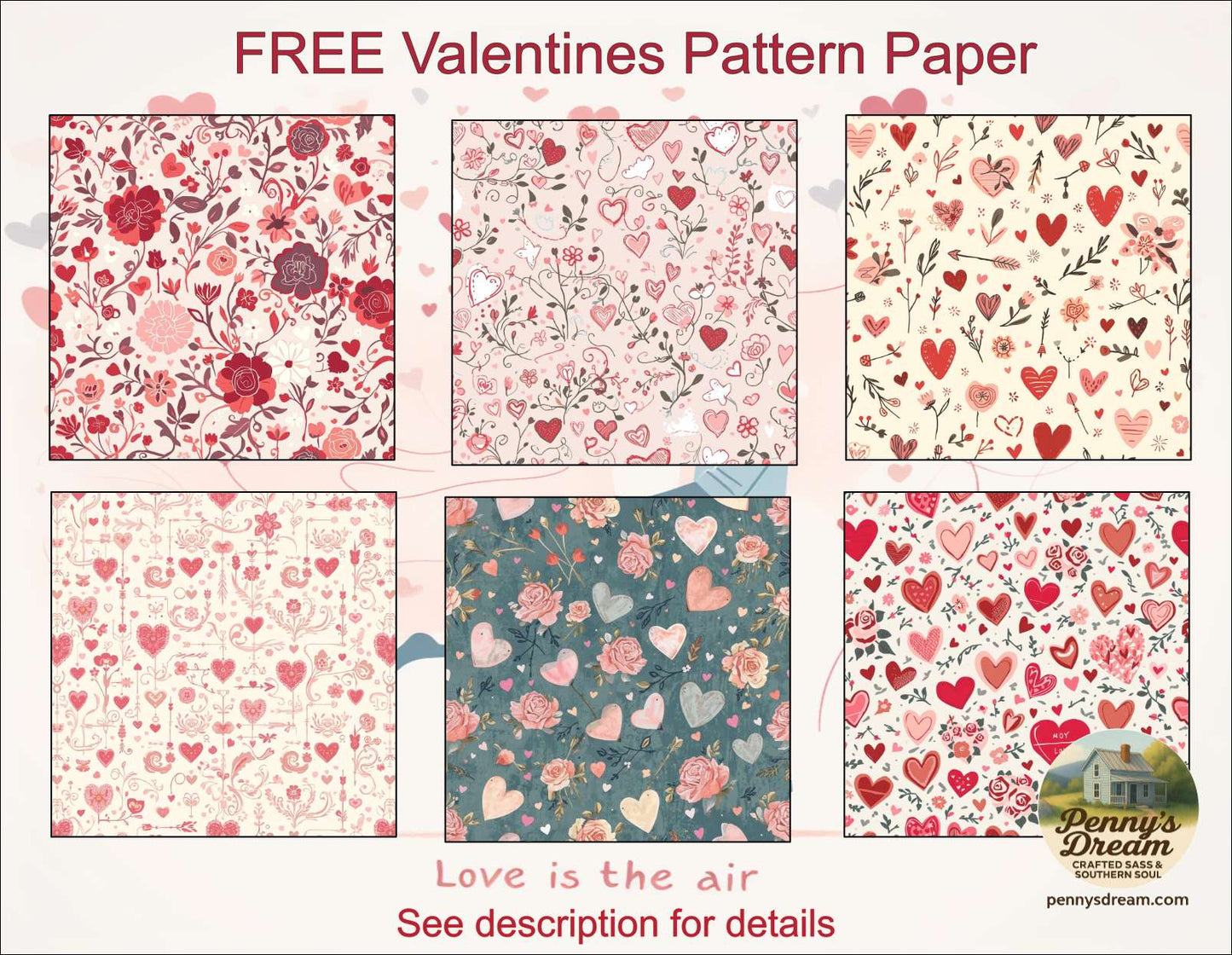 Free Valentine's pattern paper with various heart and floral designs on a white background.