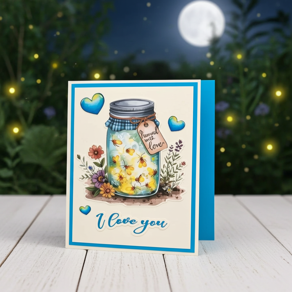 Greeting card with a jar of flowers and 'I love you' text on a wooden surface with a night sky background.