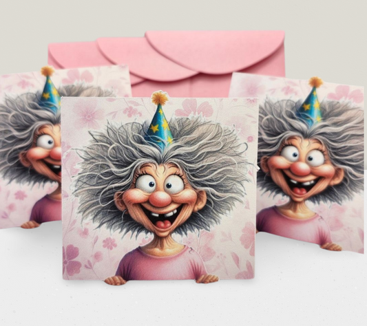 Cartoon character with gray hair and a party hat on a pink background