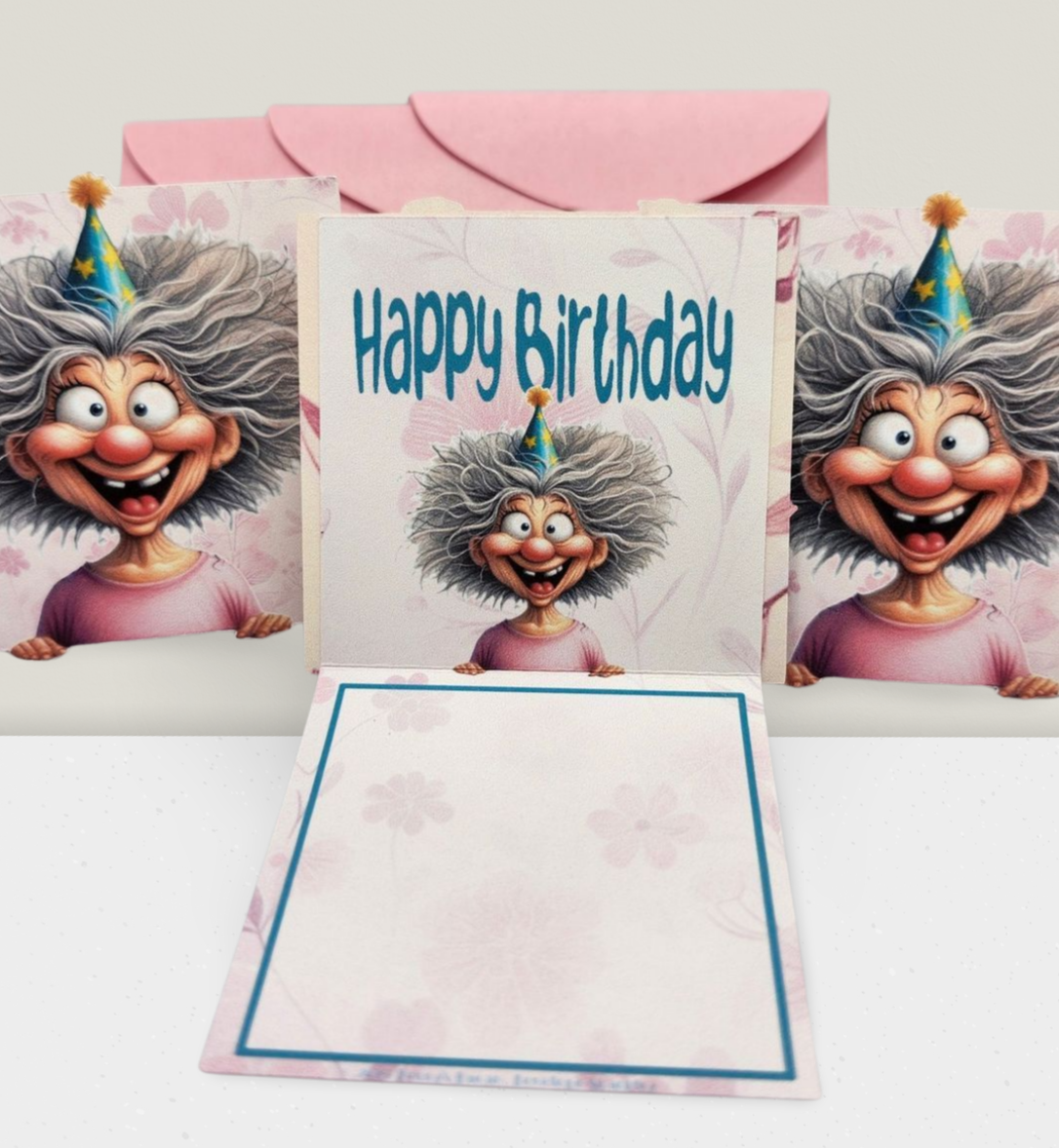Birthday card with cartoon character and 'Happy Birthday' text, surrounded by pink envelopes.