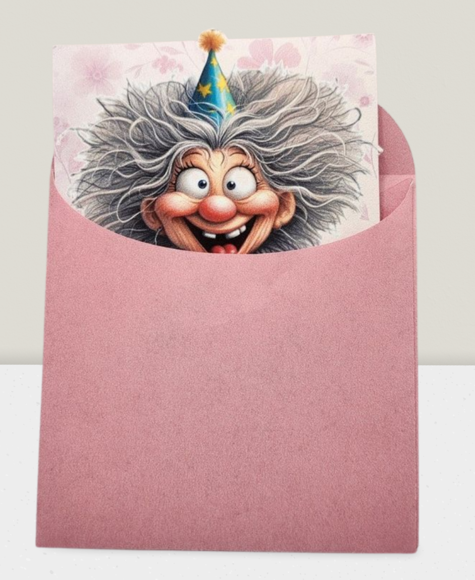 Cartoon character with a party hat peeking out from a pink envelope